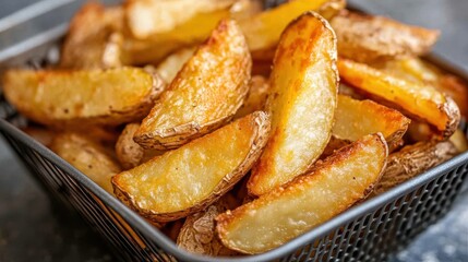 Close-Up of Air Fryer Basket with Delicious Potato Wedges