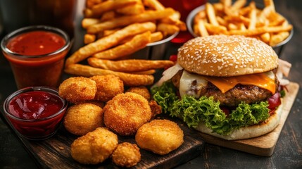 Cheerful Display of Fried Snacks and Burgers