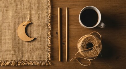 Overhead view of rustic crafting supplies including a wooden moon coffee and twine on a wooden table