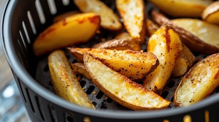 Close Up of Air Fryer Basket with Golden Potato Wedges