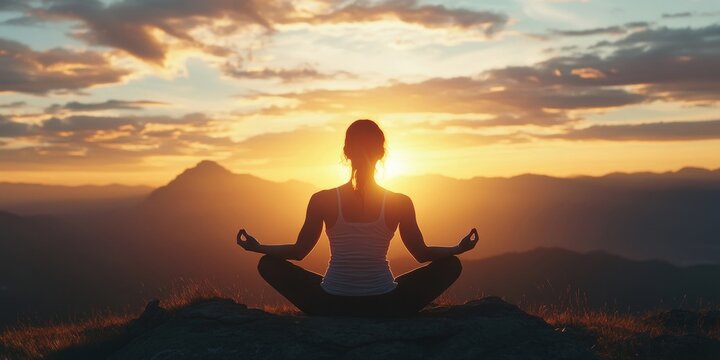 A person meditating on a mountain with the sun setting in the background
