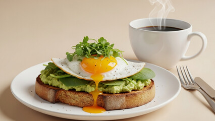 Avocado toast with a fried egg and coffee on a white plate ready to be eaten