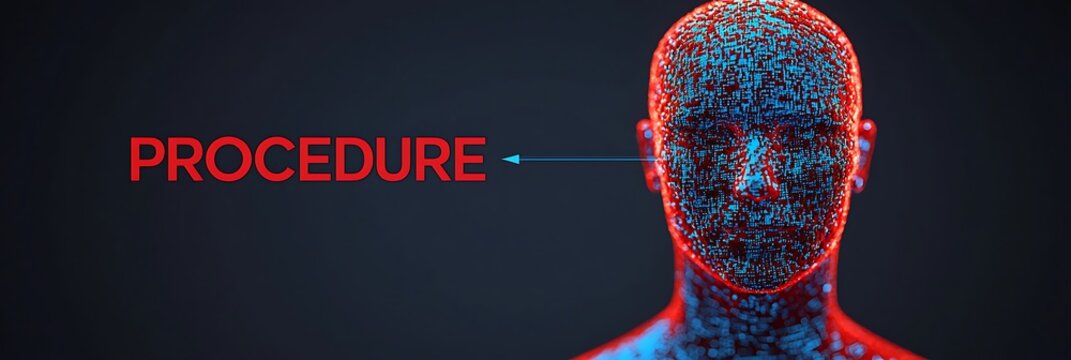 A digital human head composed of blue binary code with the word "PROCEDURE" in red text pointing to the brain area, symbolizing programming or a defined process.