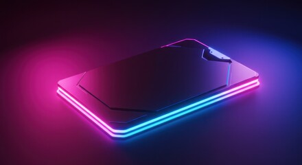 Futuristic Smartphone with Neon Pink and Blue Lights in Dark Environment