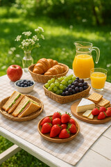 Picnic Foods on White Wooden Table with Cloth in Garden Setting