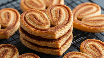 Close up of a stack of palmier cookies on a cooling rack with more around it