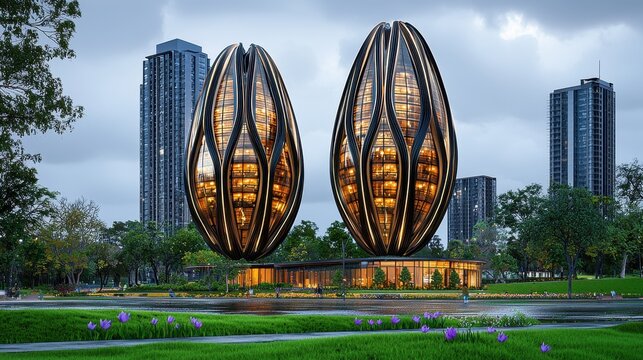 Illuminated Egg Shaped Structures in Modern City Park at Dusk