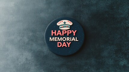 A round badge with a military hat graphic and the words "Happy Memorial Day" on a textured dark wall.