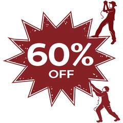 Bold “60% OFF” Sale with Silhouetted Workers Hanging Promotion Banner – Construction and Discount Concept