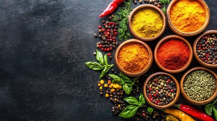 Colorful Assortment of Vibrant Spices on a Dark Surface