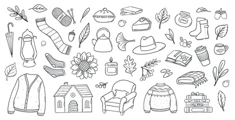 Autumn cartoon elements, doodles collection, clipart for coloring pages, prints, cards, icons, social media decor, etc. EPS 10
