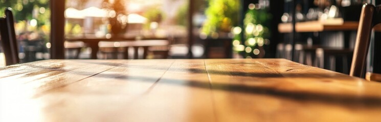 Fototapeta premium A warm wooden table illuminated by soft sunlight creates an inviting atmosphere in a cozy cafe setting, perfect for enjoying a tranquil moment.