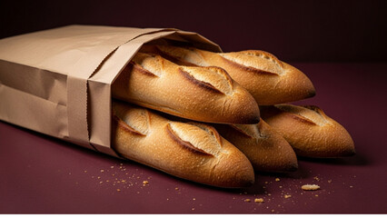 Baguettes in a paper bag on a maroon surface under a dark background light