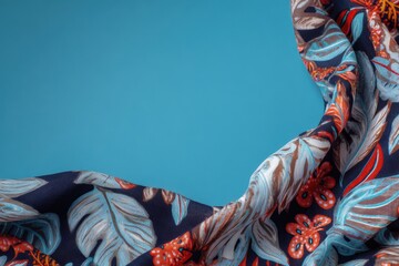 Fototapeta premium Colorful Floral Fabric with Leaves on a Clean Blue Background