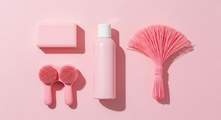 Aesthetic arrangement of pink skincare and cleansing tools on a pastel pink background