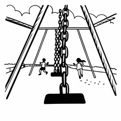 Low-angle line art_ Playground from a child's eye level. Massive swing chains towering above, blurred kids running in distance. Dramatic perspective, sketchy outlines