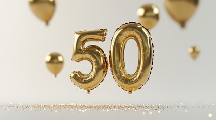 Gold 50th anniversary balloons; confetti; celebration