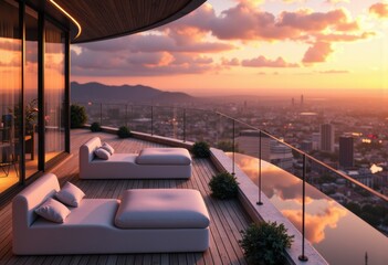 Fototapeta premium Luxurious rooftop terrace with modern lounge chairs overlooking a city sunset