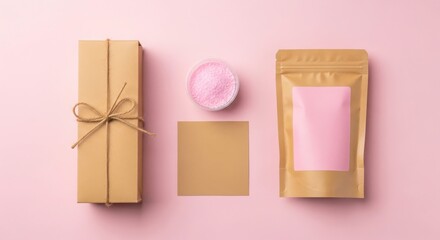 Minimalist flat lay of a gift box small container of pink powder and a kraft pouch with pink label