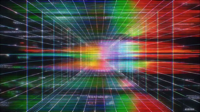 Quantum glitch matrix with digital particles and shifting code grid in flickering cyberpunk simulation for AI loop visuals