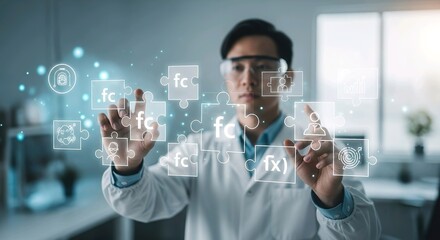 Male scientist using innovative virtual screen for advanced research and development