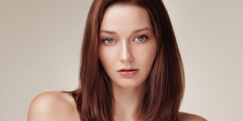 Glamorous Woman With Straight Hair And Flawless Skin In Beauty Ad