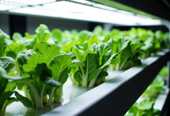 Fresh lettuce plants growing in an indoor hydroponic farm setup