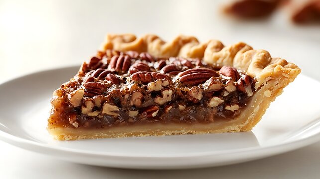 A slice of pecan pie served on a white plate, showcasing its rich filling and golden crust.