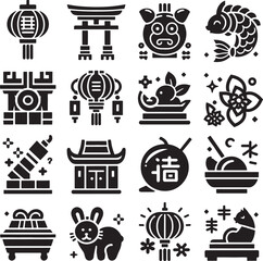 A diverse collection of black vector icons for holiday and food design illustrations Chinese New Year