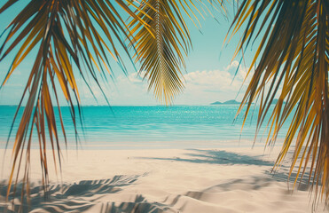 Fototapeta premium beach, palm, sea, tropical, island, ocean, sand, tree, paradise, sky, water, travel, nature, vacation, landscape,