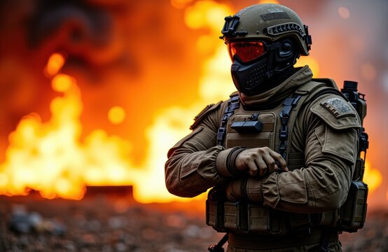 A soldier in tactical gear stands in front of a large fire with intense flames and smoke in the background