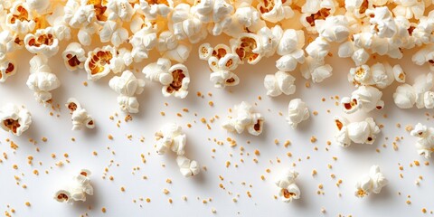Freshly Popped Popcorn Spilled on Clean White Surface with Kernels and Fluffy Pieces
