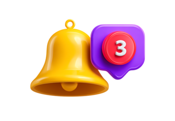3D icon of a yellow bell and a purple message bubble with one red accent. using an aperture setting to create a shallow depth of field and blur in the background for a soft focus effect.