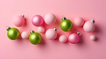 Obraz premium Pink and Green Christmas Ornaments on Pink Background - Flat Lay Holiday Concept