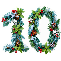 Vector art of number ten is decorated with christmas wreath isolated on white background