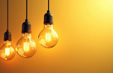 Warm glowing filament light bulbs hanging against a yellow background creating a cozy atmosphere