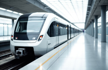 Modern white train arriving at a sleek station platform with large glass windows