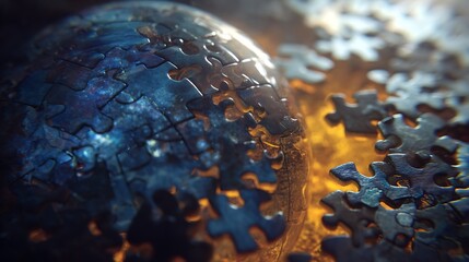 Abstract earth planet dissolving into puzzle pieces with fiery background