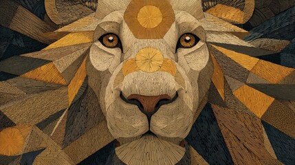 Geometric lion head, warm colors, intricate design