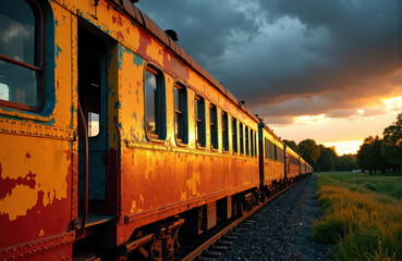 Obraz premium A vintage train with weathered orange paint traveling through a rural landscape at sunset
