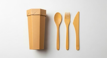 Eco friendly disposable bamboo cutlery set with a cardboard container on a white background