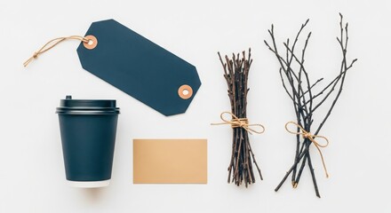 Dark blue coffee cup tag and bundles of twigs on a white background