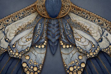 Detailed close-up of intricate, ornate butterfly wings