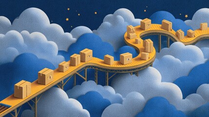 Boxes on a cloud-based conveyor belt at night
