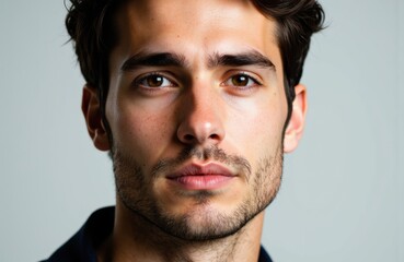 Obraz premium A young man with dark hair and a serious expression looking directly at the camera