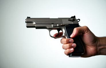 A person holding a semi-automatic handgun with a firm grip against a plain background