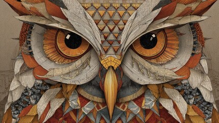 Detailed owl face, geometric patterns