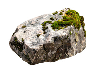 Realistic stone with moss and earthy texture, isolated on a transparent background