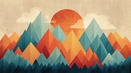 Geometric mountain range with sun