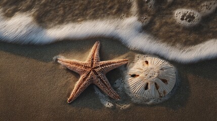 Seashells and starfish on sandy beach (1)